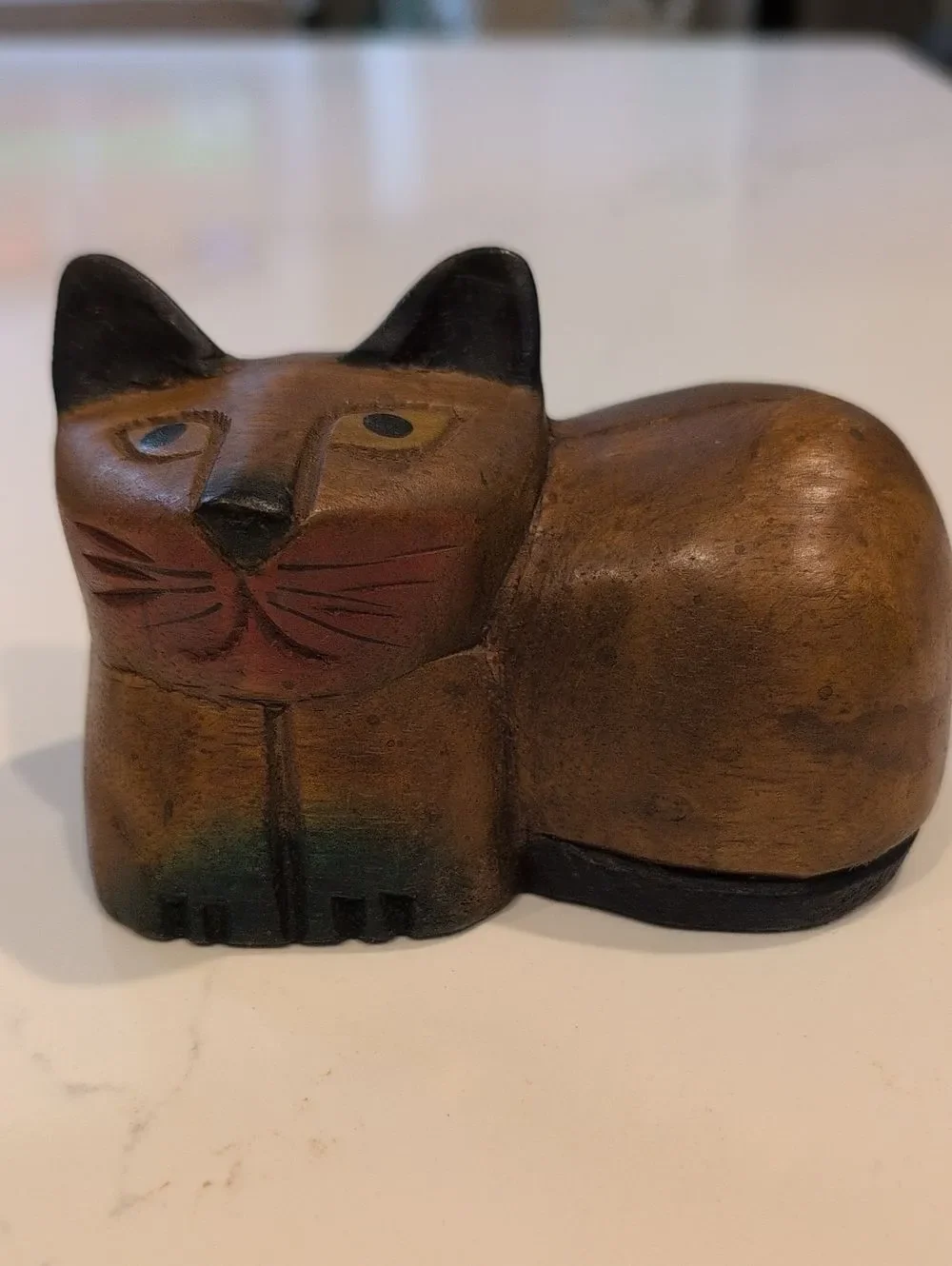 Vintage Hand Carved Wooden Brown Folk Art Cat Figurine